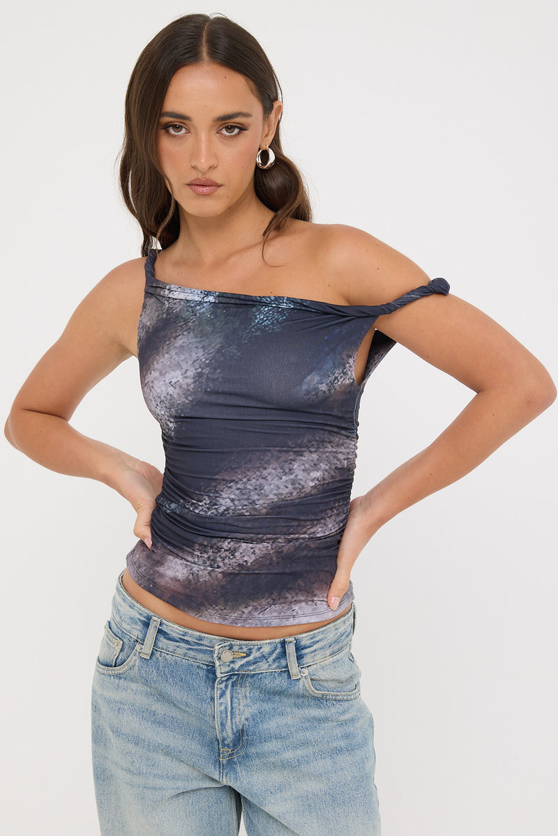 Luck & Trouble Sabina Twist Off Shoulder Top Black Print