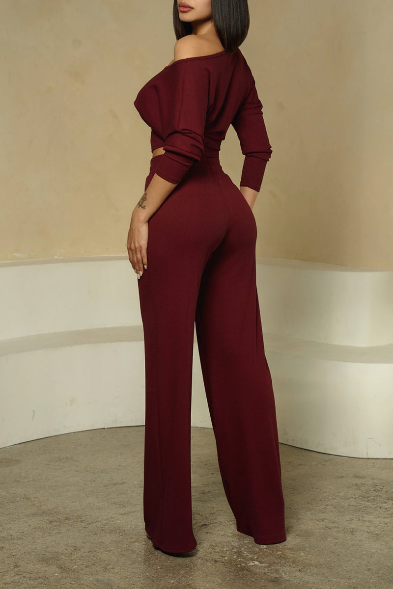 HMS Skins: Bordeaux Baby Rib Off Shoulder Long Sleeve Top