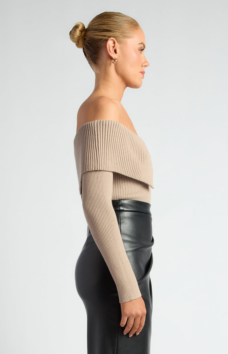 Zelina Off Shoulder Knit Top - Almond
