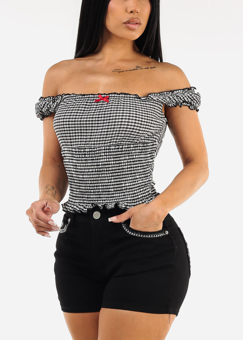 Off Shoulder Smocked Checkered Top B&W