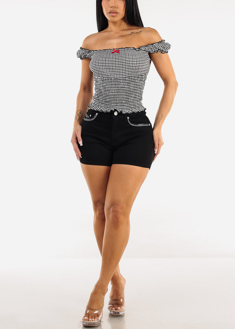Off Shoulder Smocked Checkered Top B&W