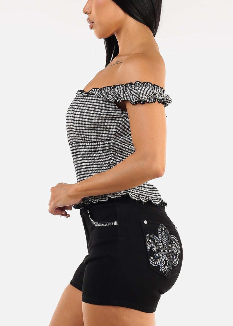 Off Shoulder Smocked Checkered Top B&W