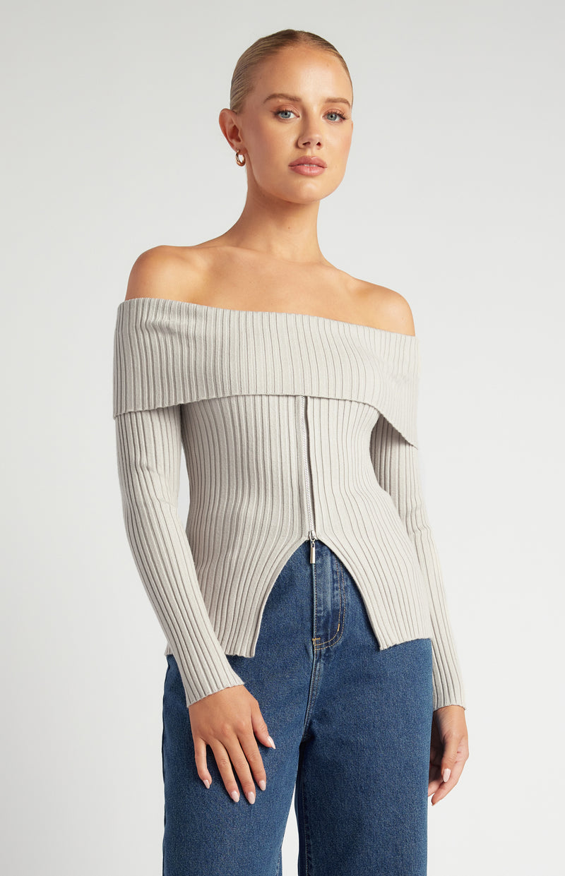 Liana Off-Shoulder Knit Top - Stone