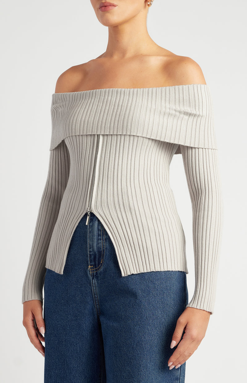 Liana Off-Shoulder Knit Top - Stone