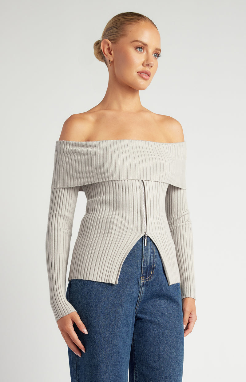 Liana Off-Shoulder Knit Top - Stone