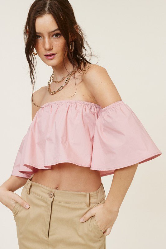 Darcie Blush Flowy Off-Shoulder Crop Top