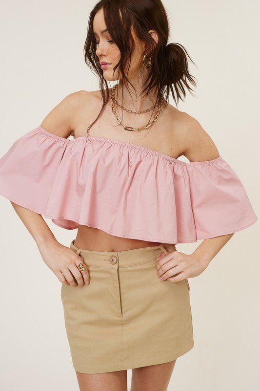 Darcie Blush Flowy Off-Shoulder Crop Top