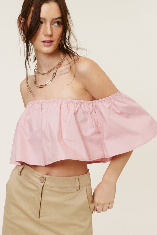 Darcie Blush Flowy Off-Shoulder Crop Top
