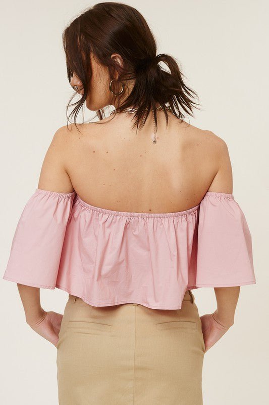 Darcie Blush Flowy Off-Shoulder Crop Top