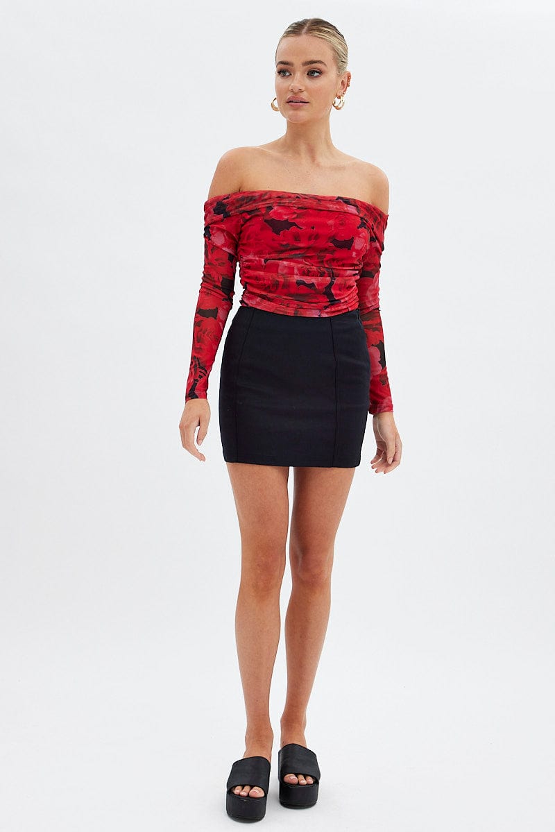Red Floral Bardot Top Long Sleeve Off Shoulder Mesh Crop