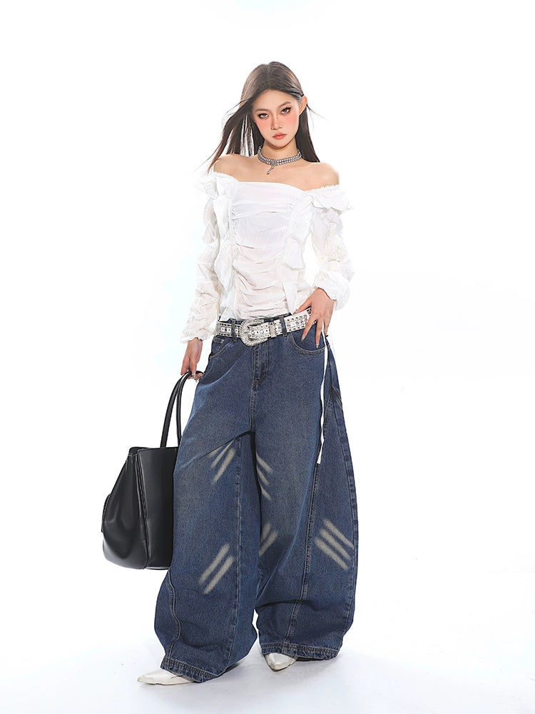 Ruffled Off-Shoulder Crinkle Texture Long Sleeve Top