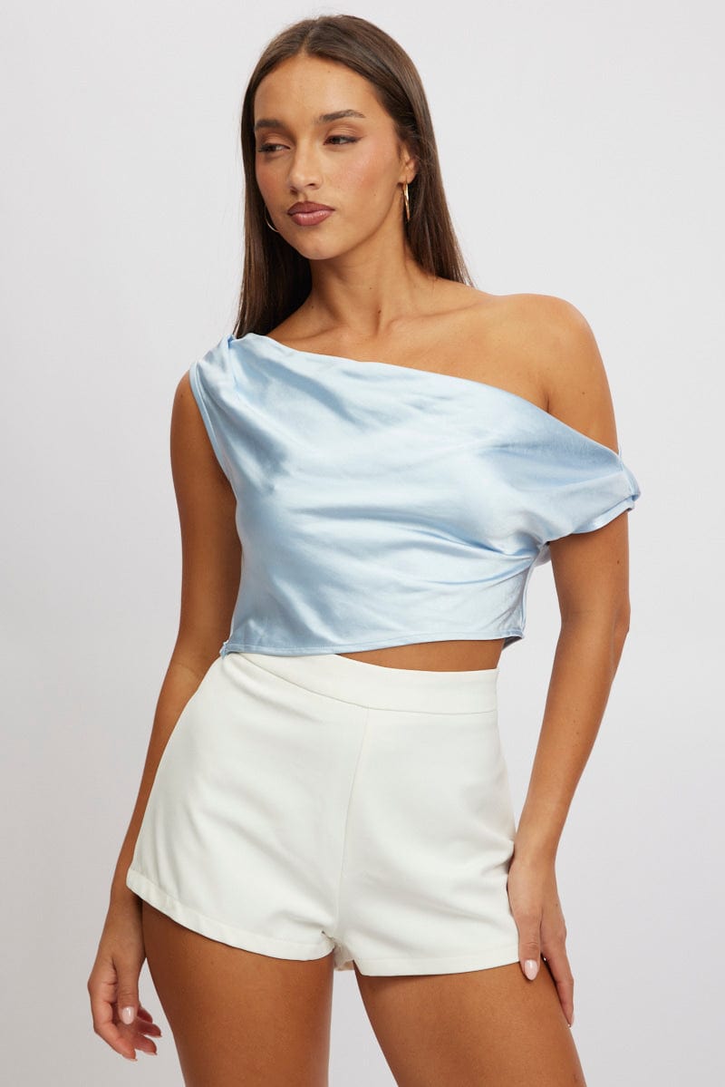 Blue On Off Shoulder Satin Top