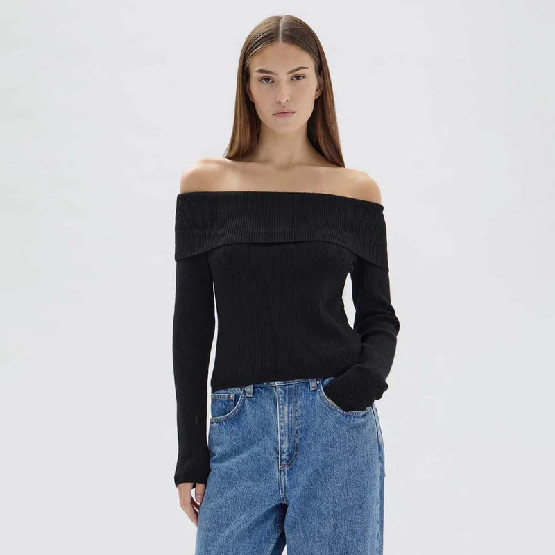 Cari Off Shoulder Wool Top  - Black
