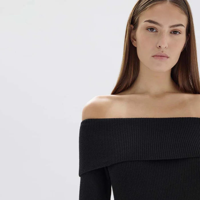 Cari Off Shoulder Wool Top  - Black