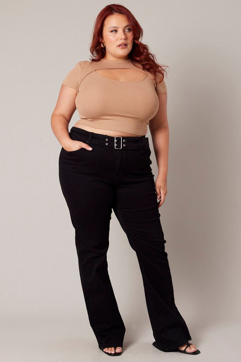 Brown Cut Out Top Short Sleeve Crew Neck