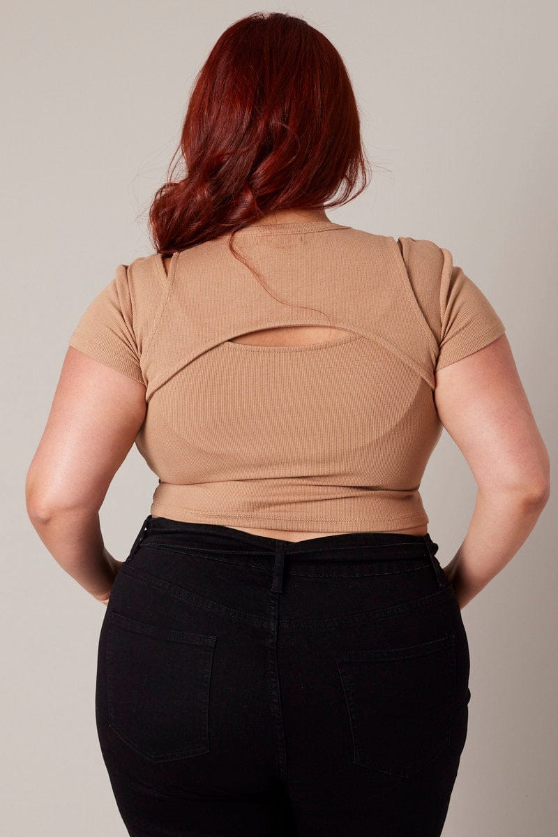 Brown Cut Out Top Short Sleeve Crew Neck