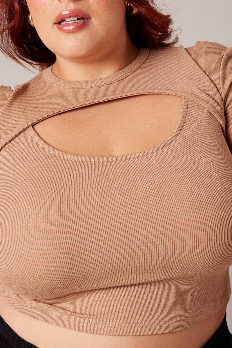 Brown Cut Out Top Short Sleeve Crew Neck