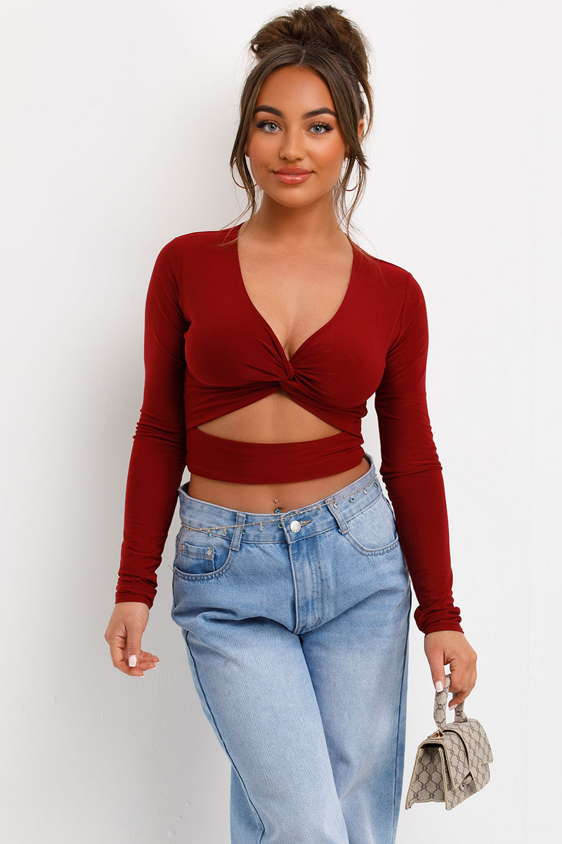 Burgundy Long Sleeve Cut Out Crop Top