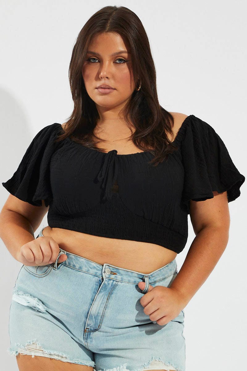 Black Crop Top Short Sleeve Cut Out