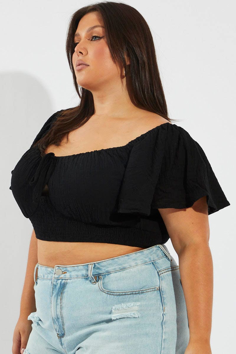 Black Crop Top Short Sleeve Cut Out