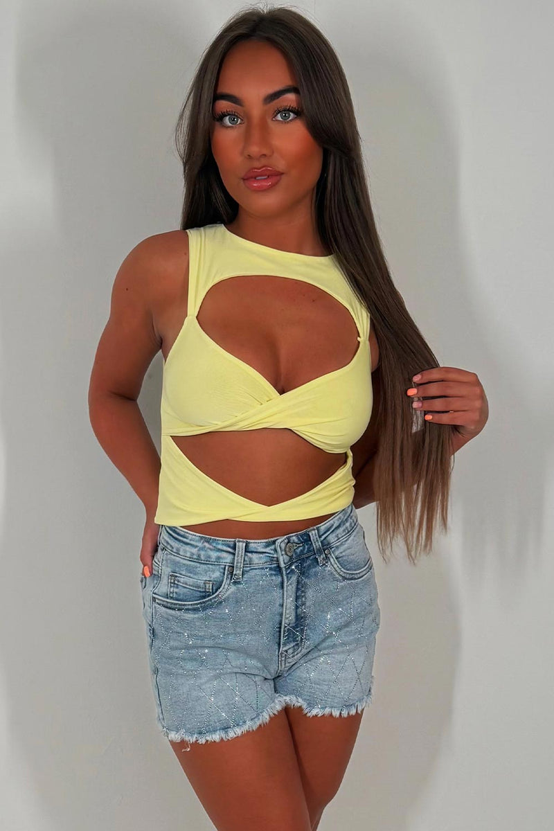 Cut Out Crop Top Sleeveless Yellow