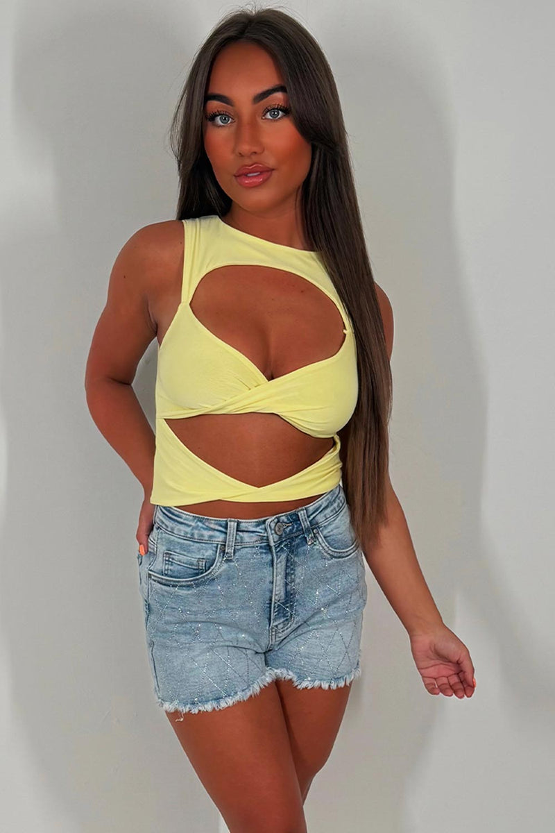 Cut Out Crop Top Sleeveless Yellow