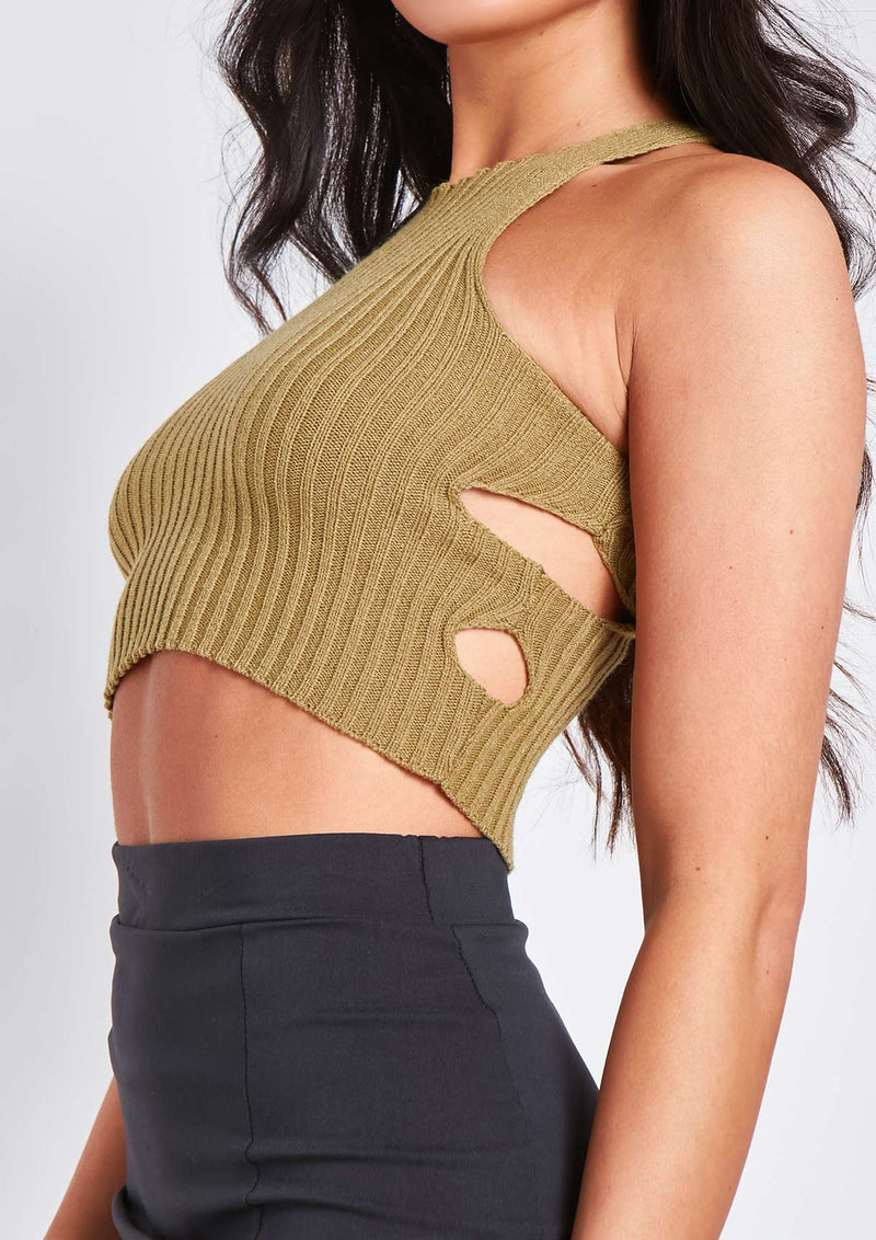 Elissa Khaki Ribbed Knit Crop Cut Out Top With Bolero
