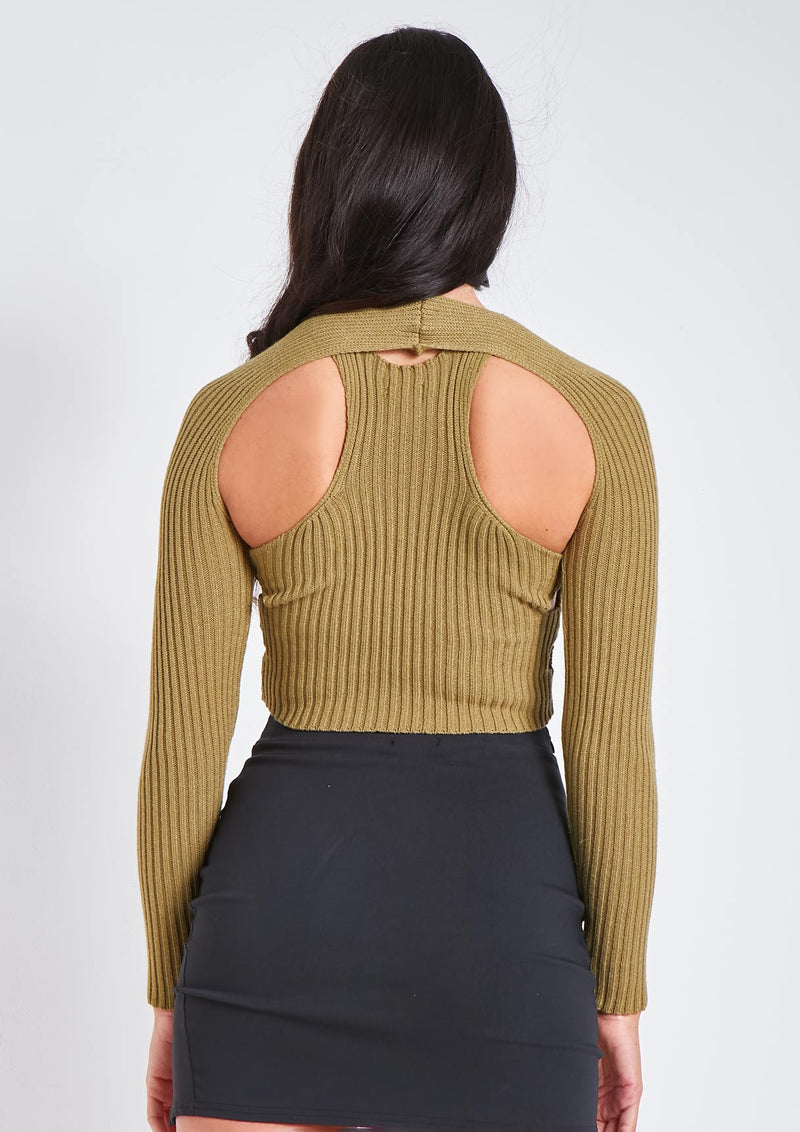 Elissa Khaki Ribbed Knit Crop Cut Out Top With Bolero