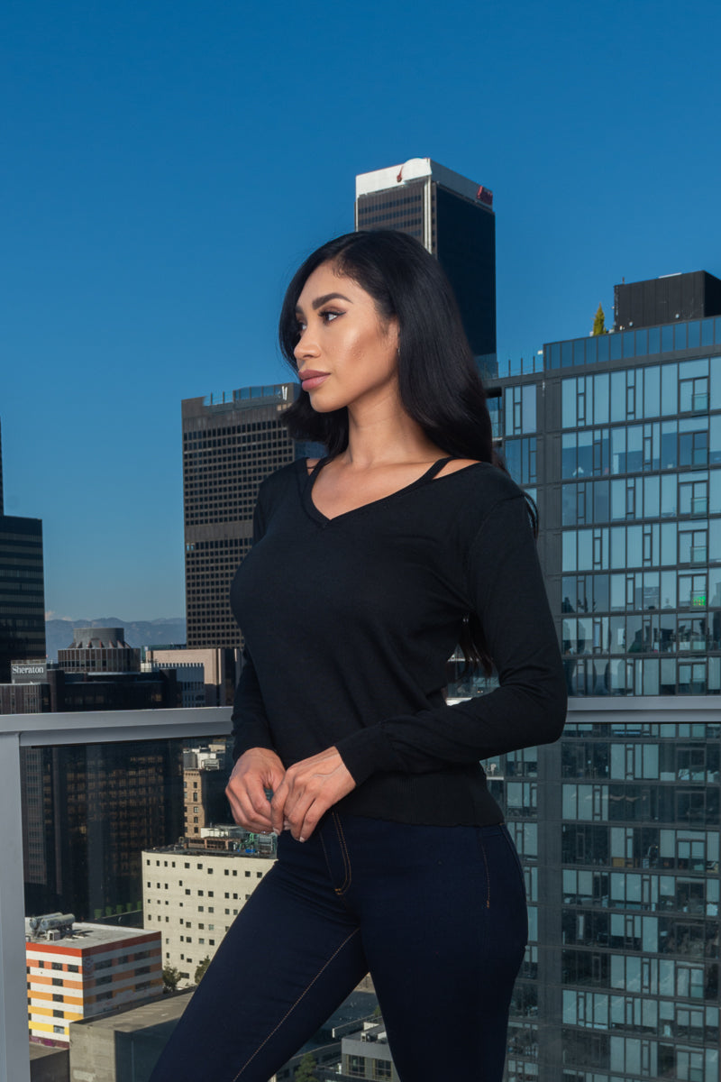 Long Sleeve V-Neck Knit Top With Cut Out Front Detail*  (167261)