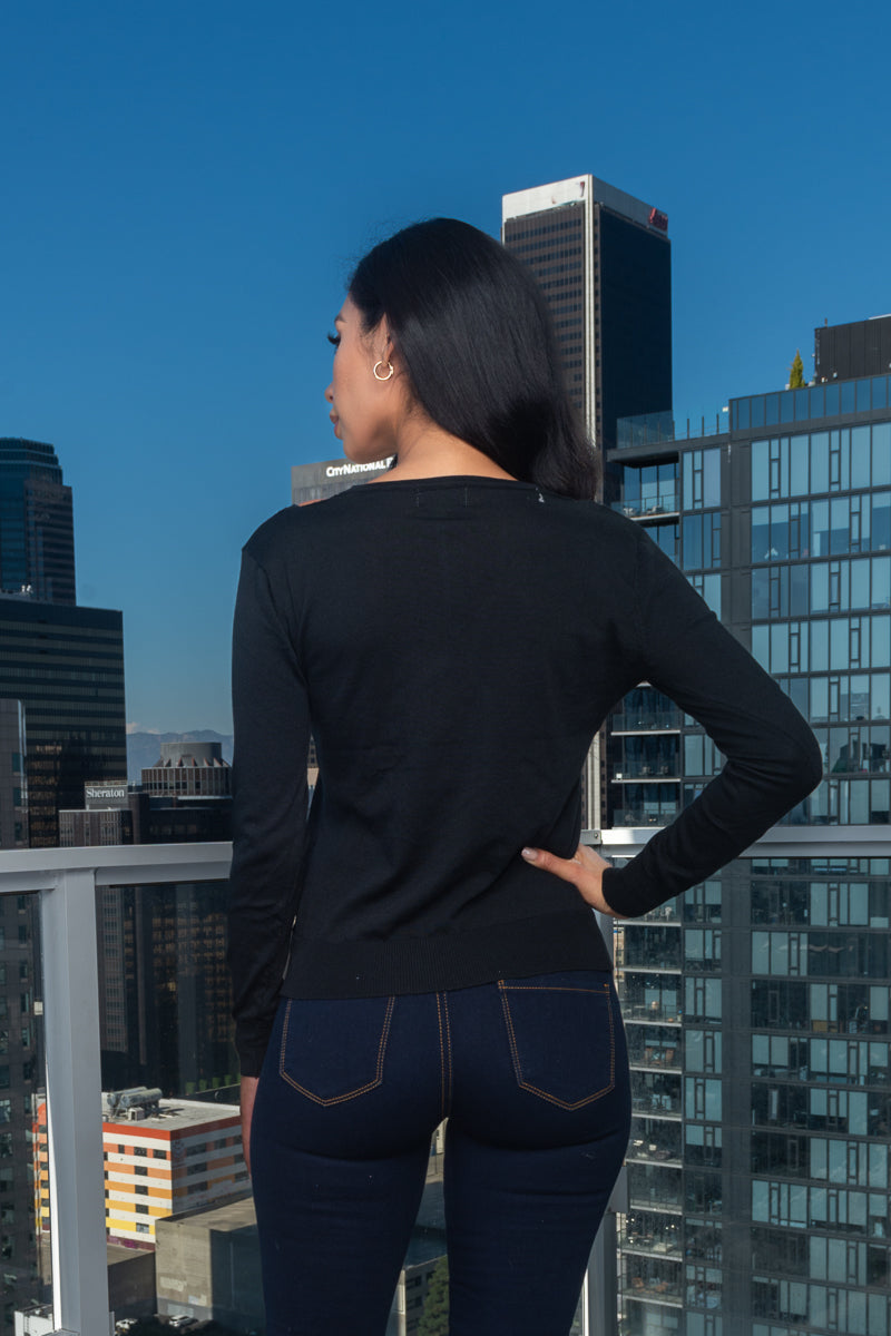 Long Sleeve V-Neck Knit Top With Cut Out Front Detail*  (167261)