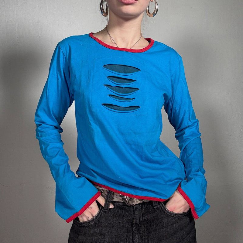 Vintage 90’s Festival Blue Longsleeve Top with Cut-out Detail (S)