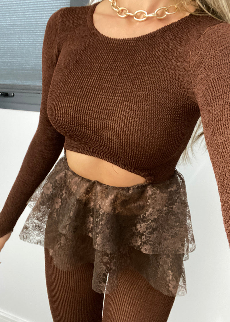 Crinkle Long Sleeve Cut Out Peplum Top in Chocolate Brown