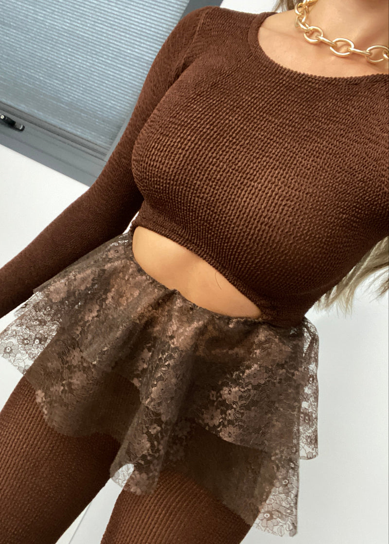 Crinkle Long Sleeve Cut Out Peplum Top in Chocolate Brown