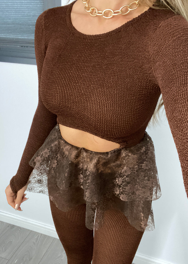 Crinkle Long Sleeve Cut Out Peplum Top in Chocolate Brown