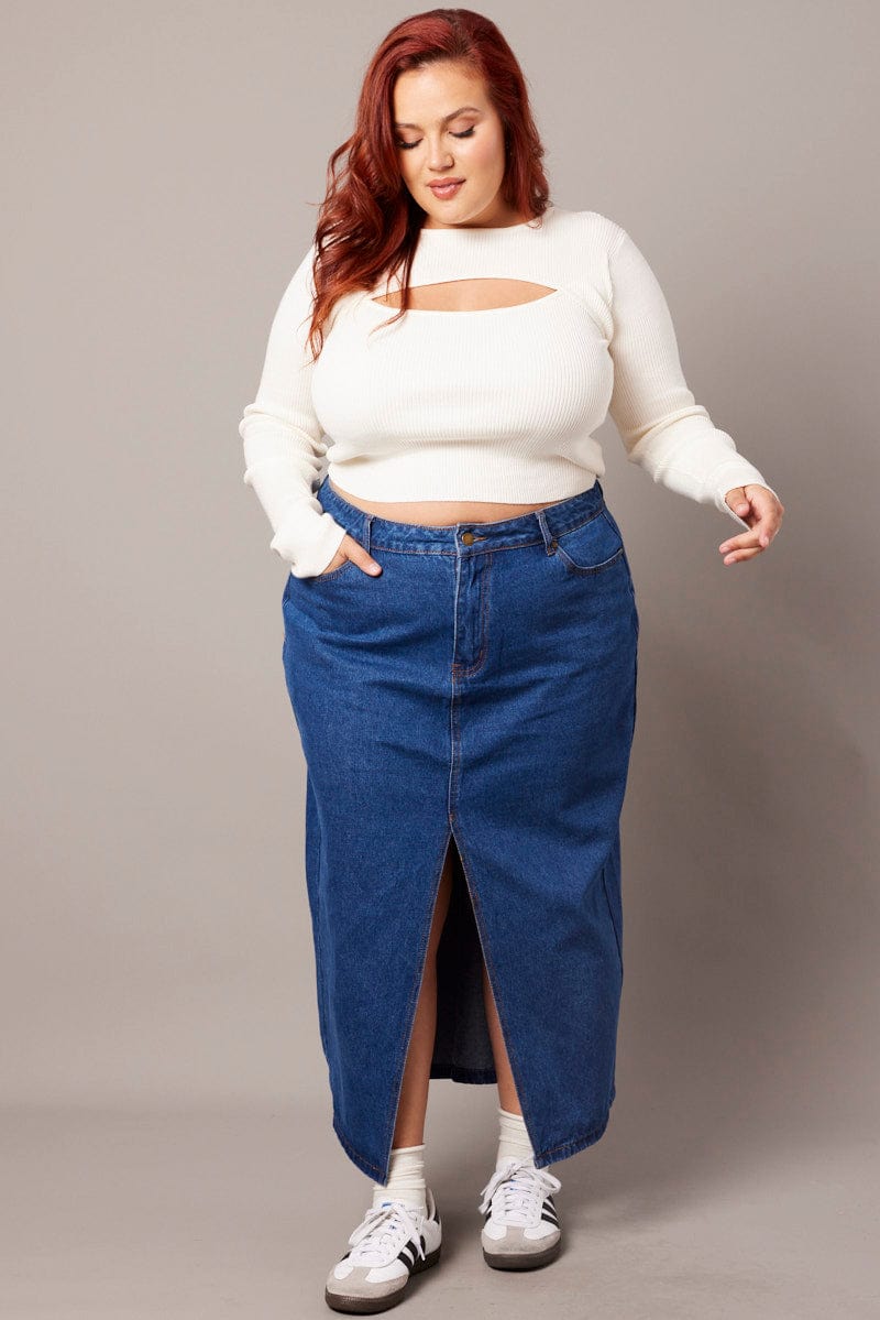 White Cut Out Knit Top Long Sleeve