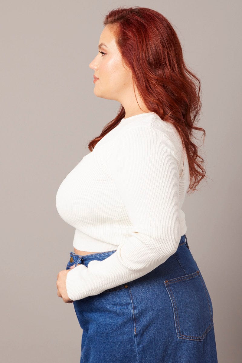 White Cut Out Knit Top Long Sleeve