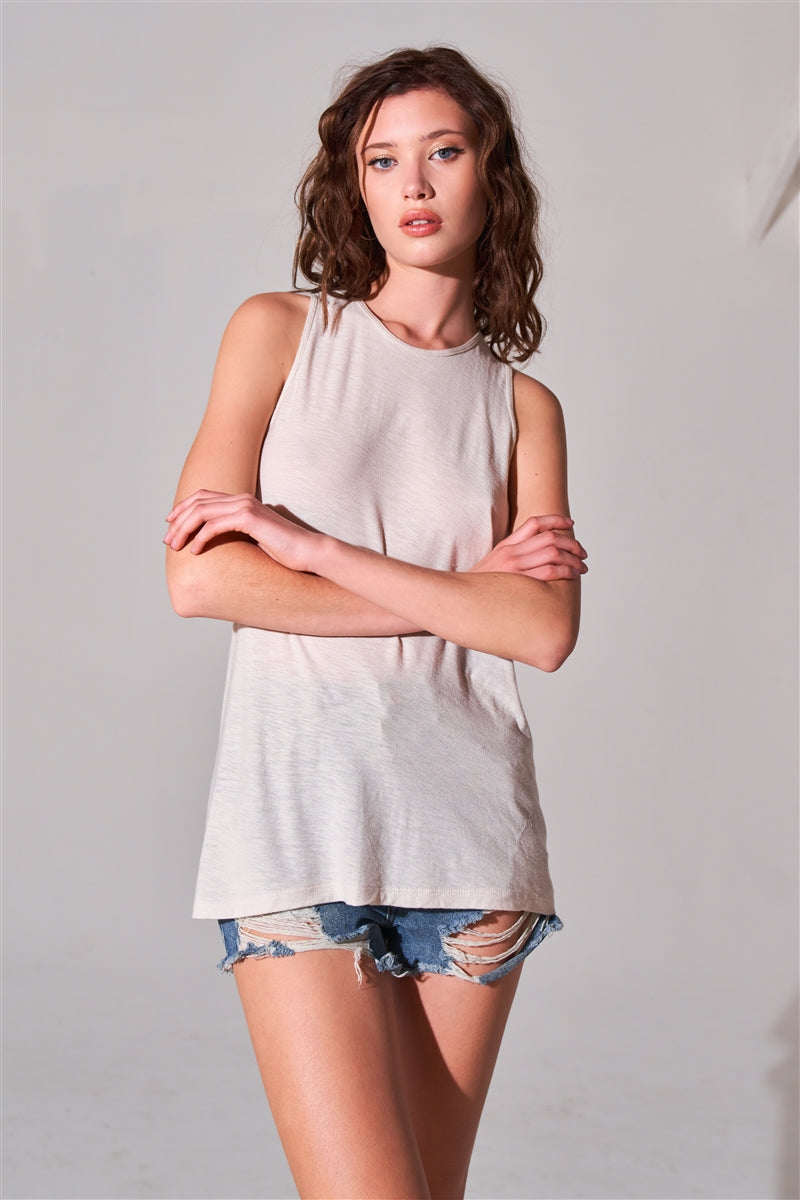 Modern Stylish Sleeveless Crew Neck Longline Top Cut-out Back Detail