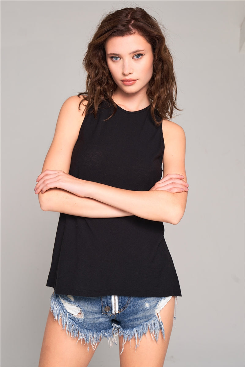 Modern Stylish Sleeveless Crew Neck Longline Top Cut-out Back Detail