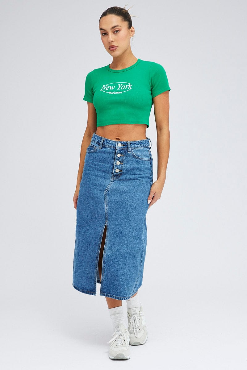 Green Tee Crop Short Sleeve New York Embroidery