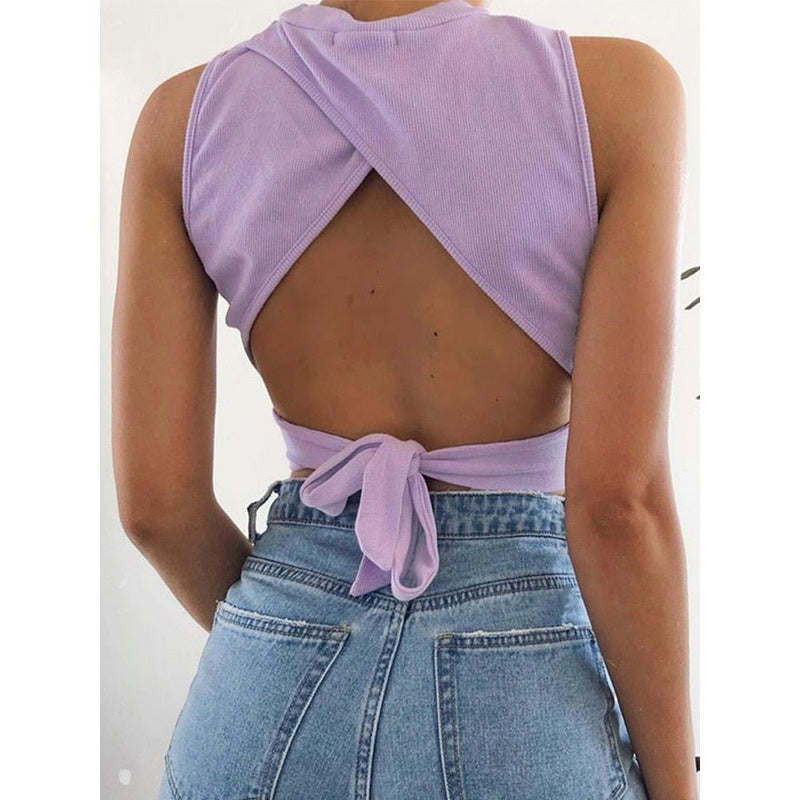 Top Women Y2K Lace Up Backless Tank Top Solid Knitted T-shirts Tops Sexy Crop Top Night Club Outfits Basic Tanks 2022 Streetwear