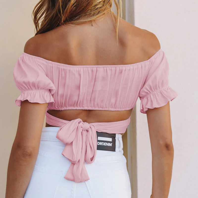 Deep V Neck Cropped Top Ruffled Short Sleeve Backless Tight Tank Top