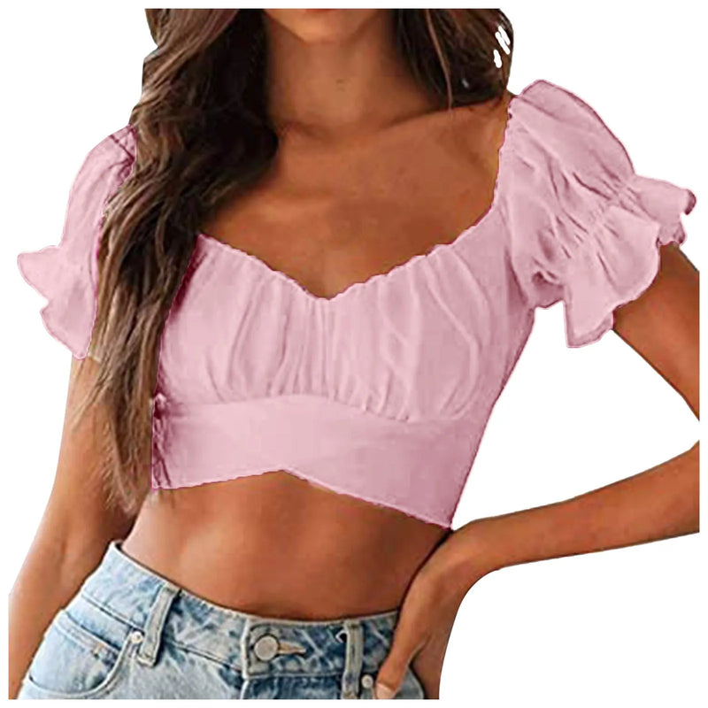 Deep V Neck Cropped Top Ruffled Short Sleeve Backless Tight Tank Top