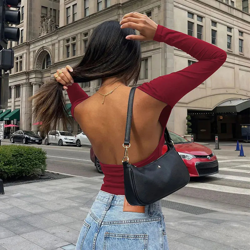 Long Sleeve Women's Red T Shirt 2023 Spring Autumn Slim Backless Streetwear Fashion Basic Baby Tees Gothic Y2k Clothes Crop Tops