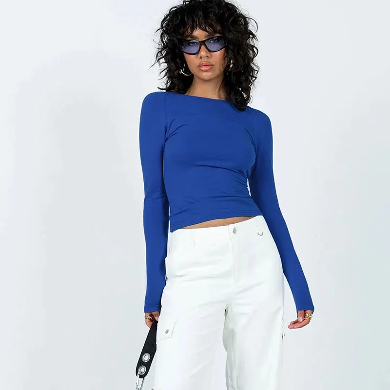 Long Sleeve Women's Red T Shirt 2023 Spring Autumn Slim Backless Streetwear Fashion Basic Baby Tees Gothic Y2k Clothes Crop Tops