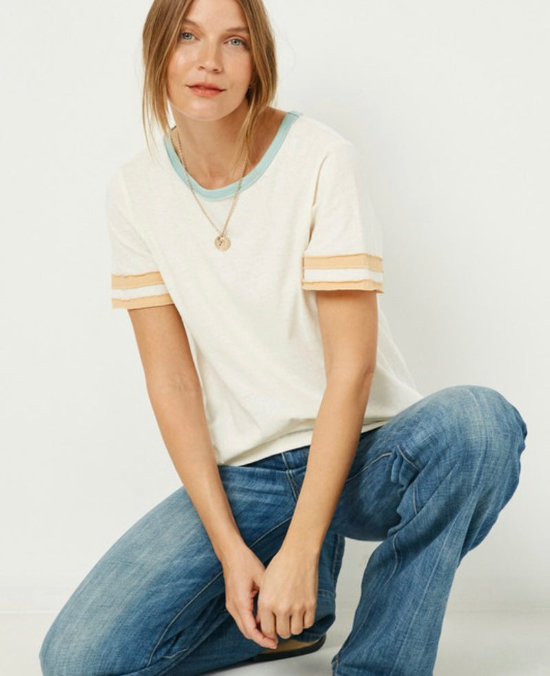 Ladies Beachy Striped Sleeve Tee