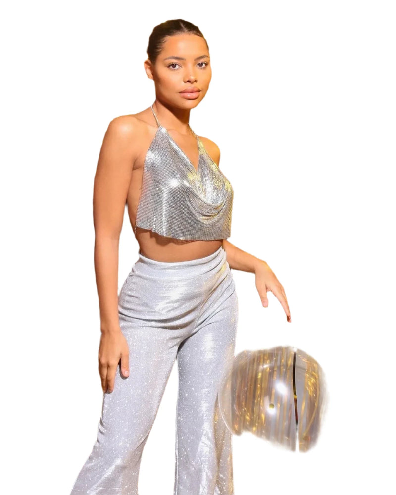 Summer Women's Glitter Mesh Cropped Top - Sequin V-Neck Backless Halter with Rhinestone Chain, Leopard & Rose Gold Snake Design