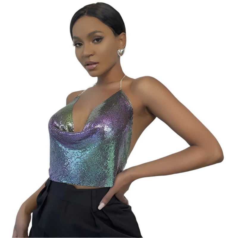 Summer Women's Glitter Mesh Cropped Top - Sequin V-Neck Backless Halter with Rhinestone Chain, Leopard & Rose Gold Snake Design