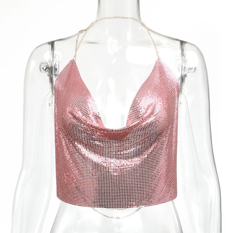 Summer Women's Glitter Mesh Cropped Top - Sequin V-Neck Backless Halter with Rhinestone Chain, Leopard & Rose Gold Snake Design