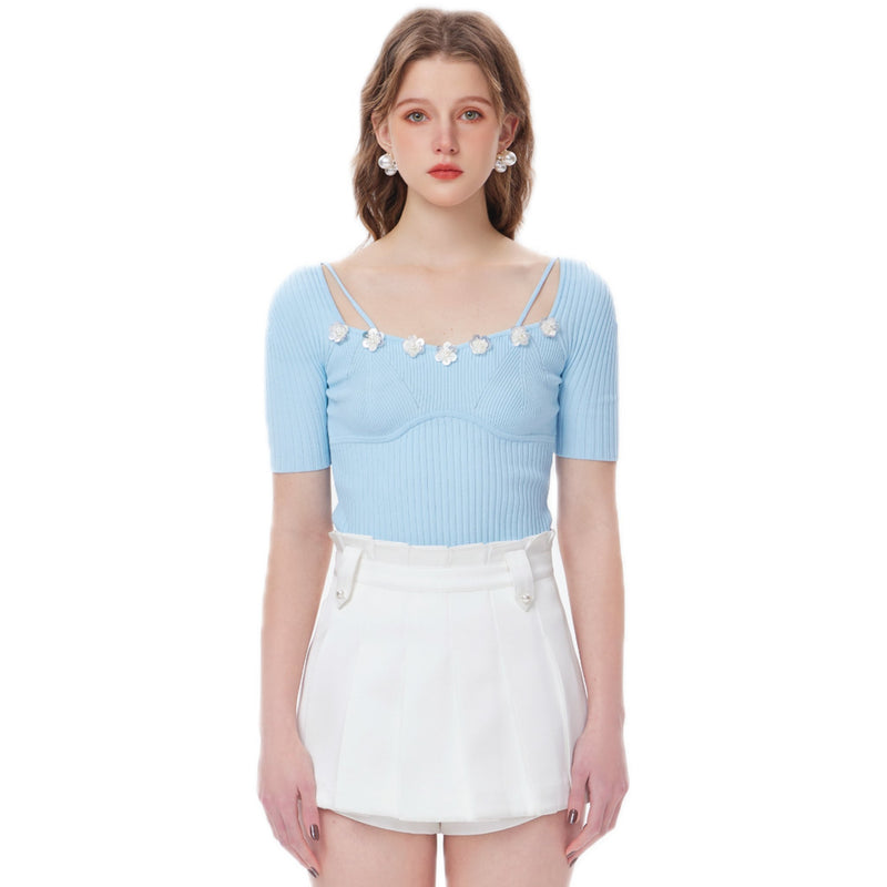 Floral Backless Short Sleeve Knit Sweater Blue