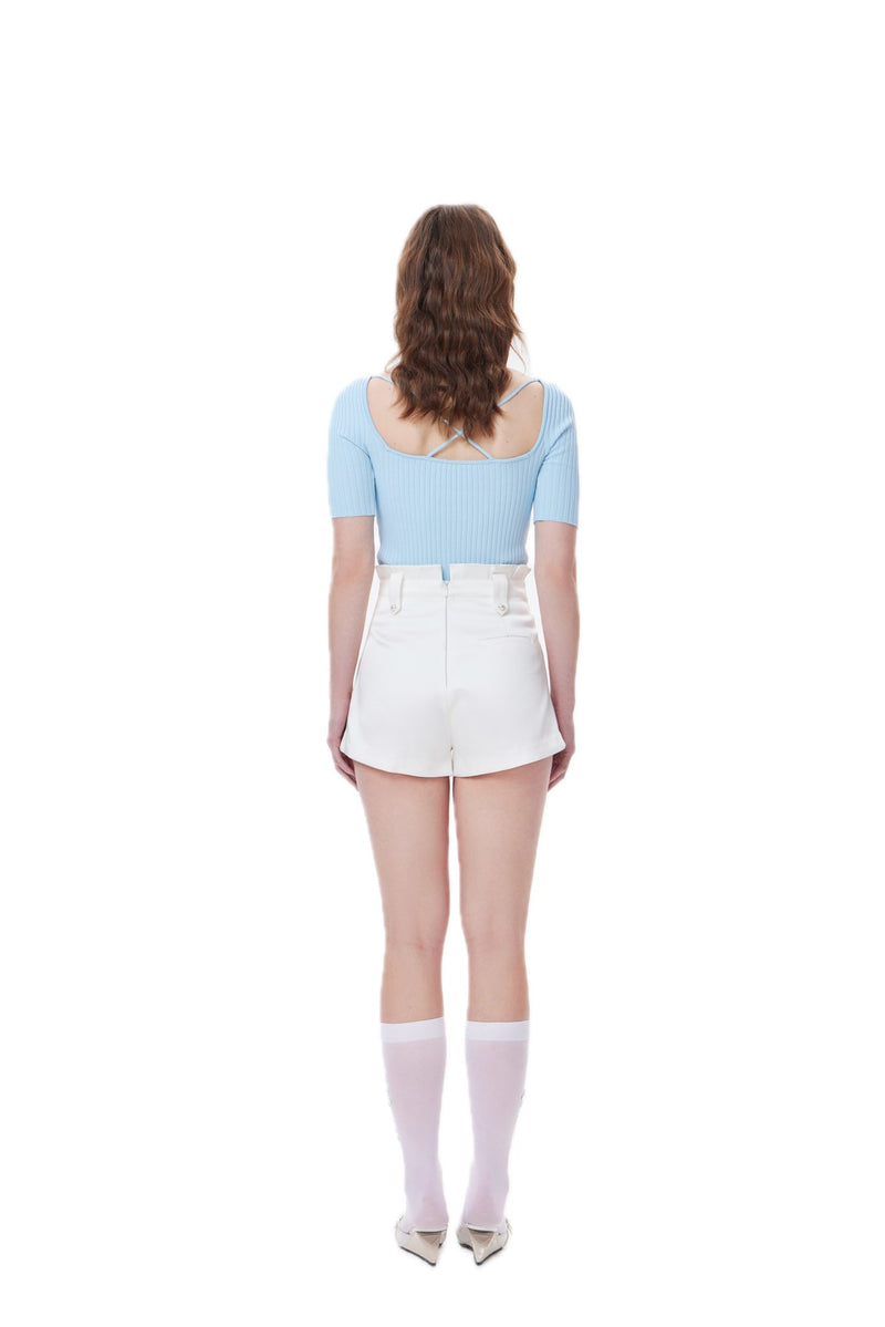 Floral Backless Short Sleeve Knit Sweater Blue